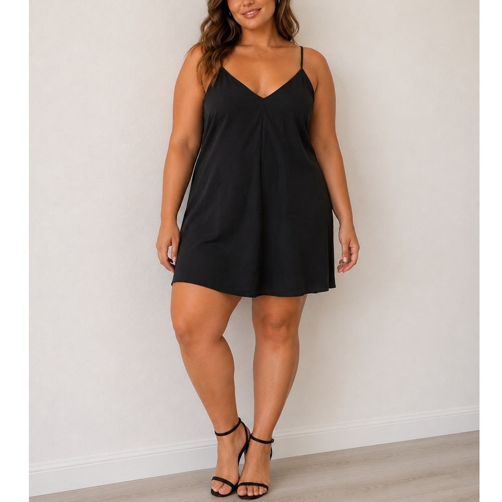 Nasty Gal Black Satin V-Neck Mini Slip Dress Plus Size 16 Spaghetti Strap LBD